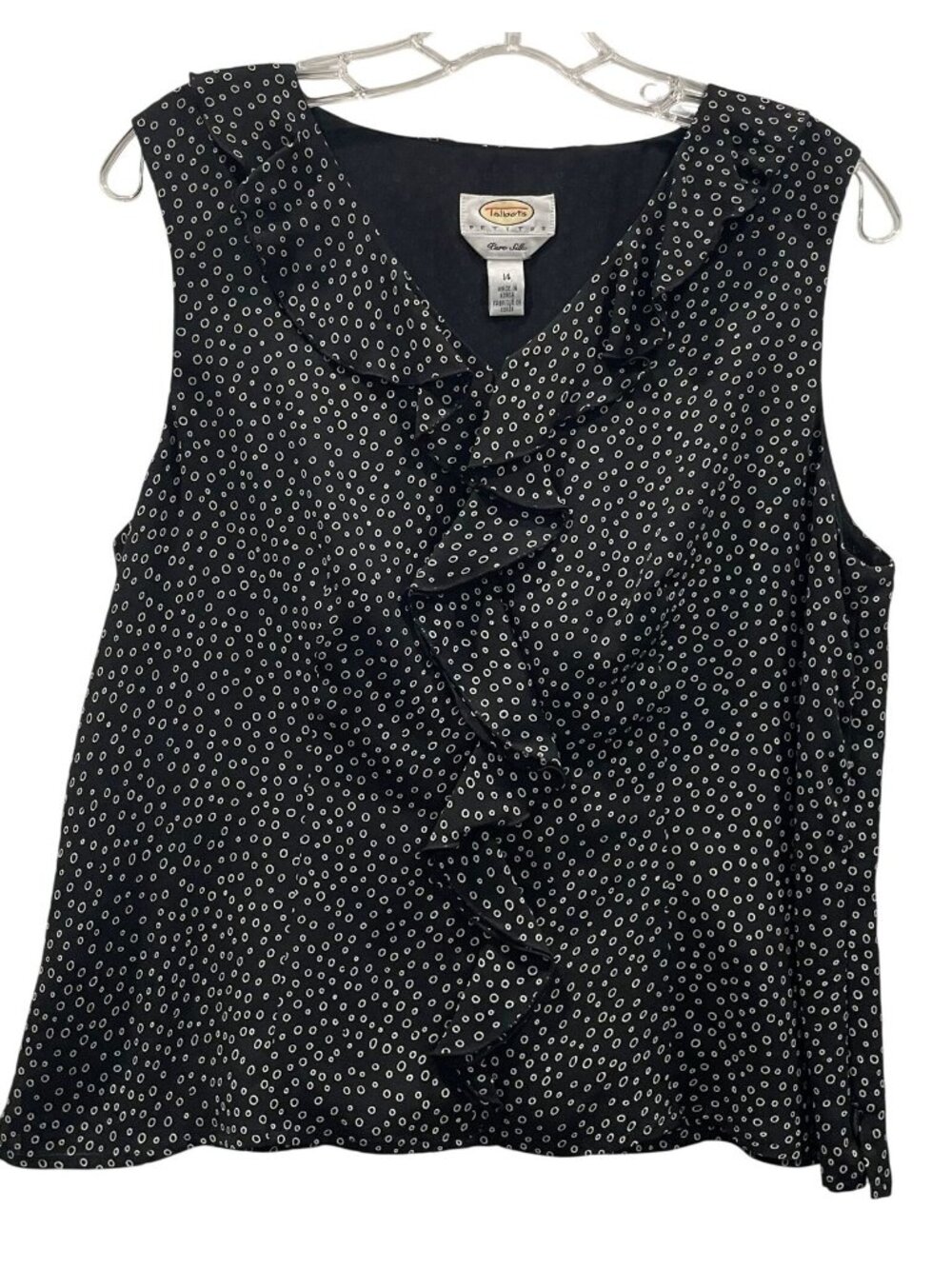 Talbots Pure Silk Ruffle Blouse 14P Black White Polka Dot Romantic Rockabilly